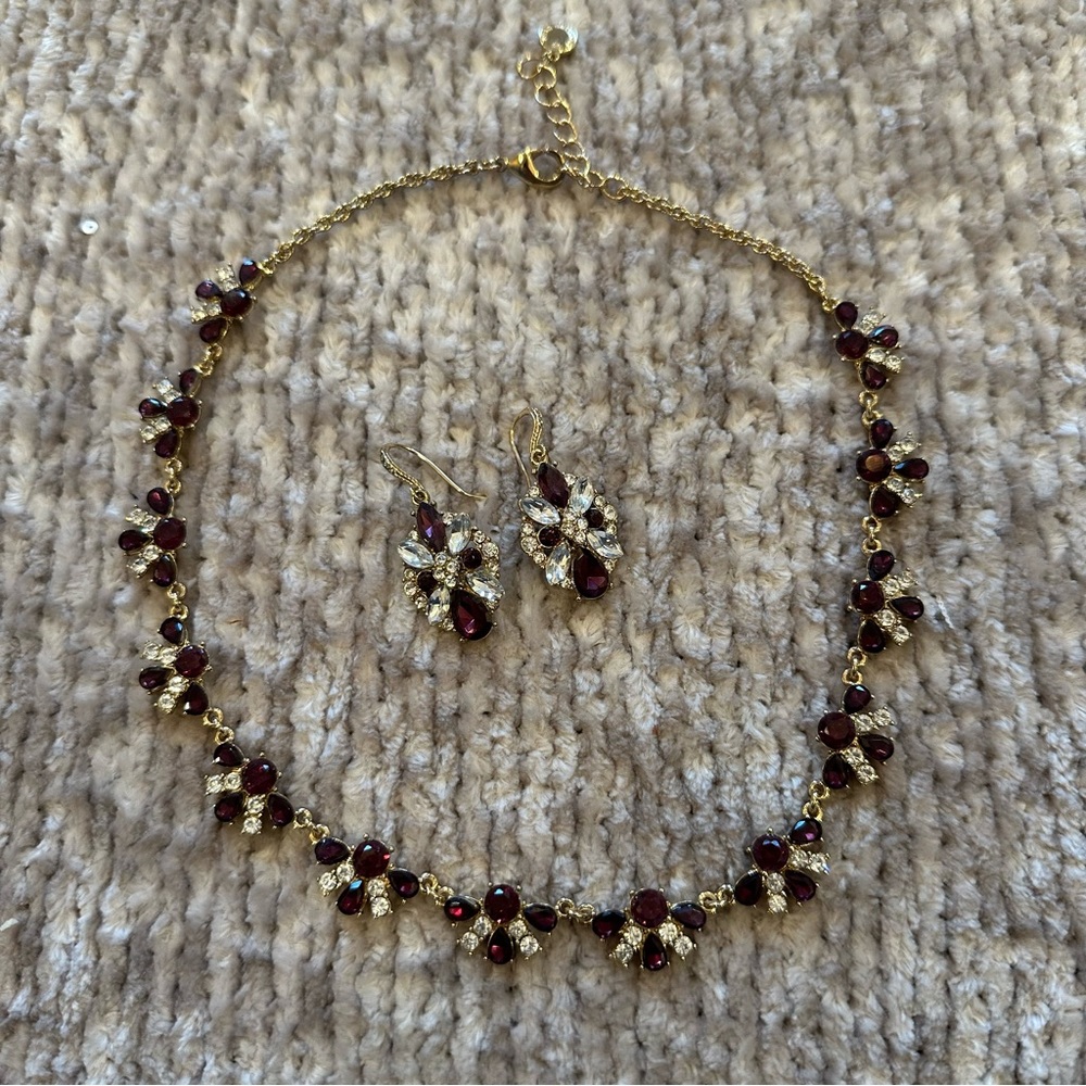 Macy's Earring & Necklace Set (Silver & Red rhinestones)